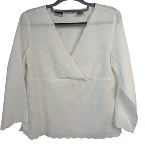 Edward Petite Blouse PM White Irish Linen Embroidered Scalloped V-Neck RN 95539